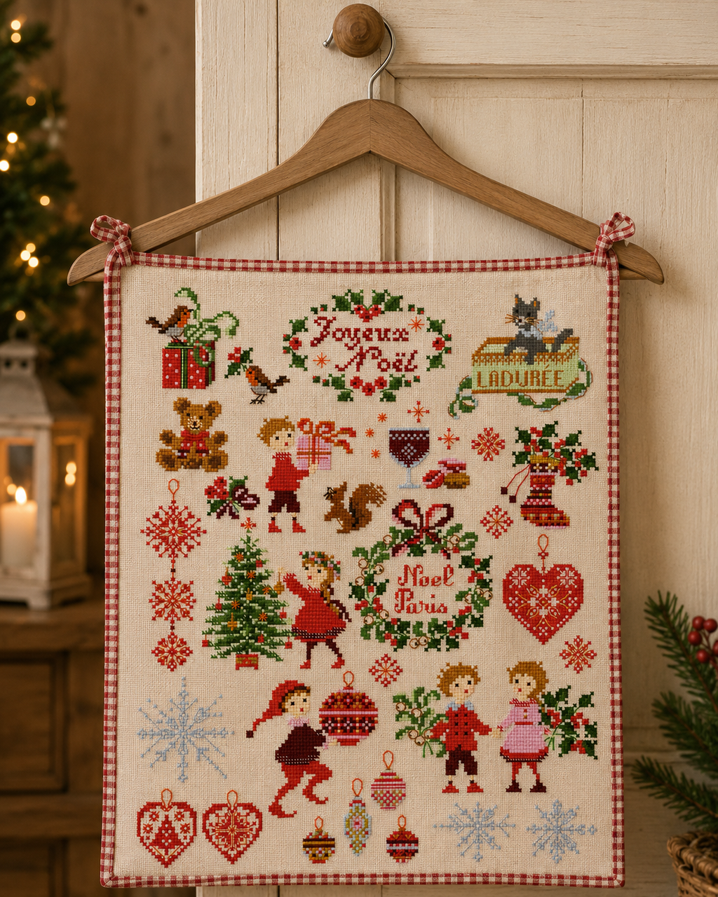 Grille point de croix Noël : mini-motifs personnages, sapins, cœurs. 150x190 pts. Planche festive signée Perrette Samouïloff.