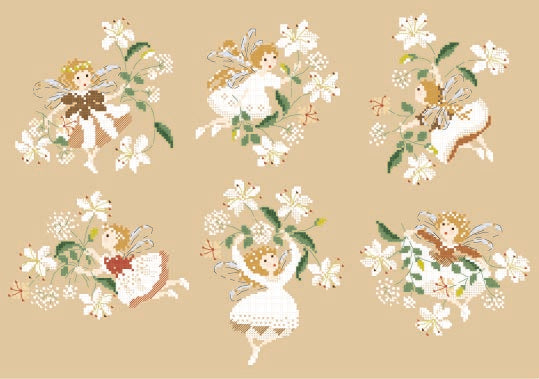 Grille point de croix Perrette Samouiloff – Petites fées. 228 x 154 points, toile bis ou de couleur. Point de croix et piqûre. Broderie féerique et romantique.