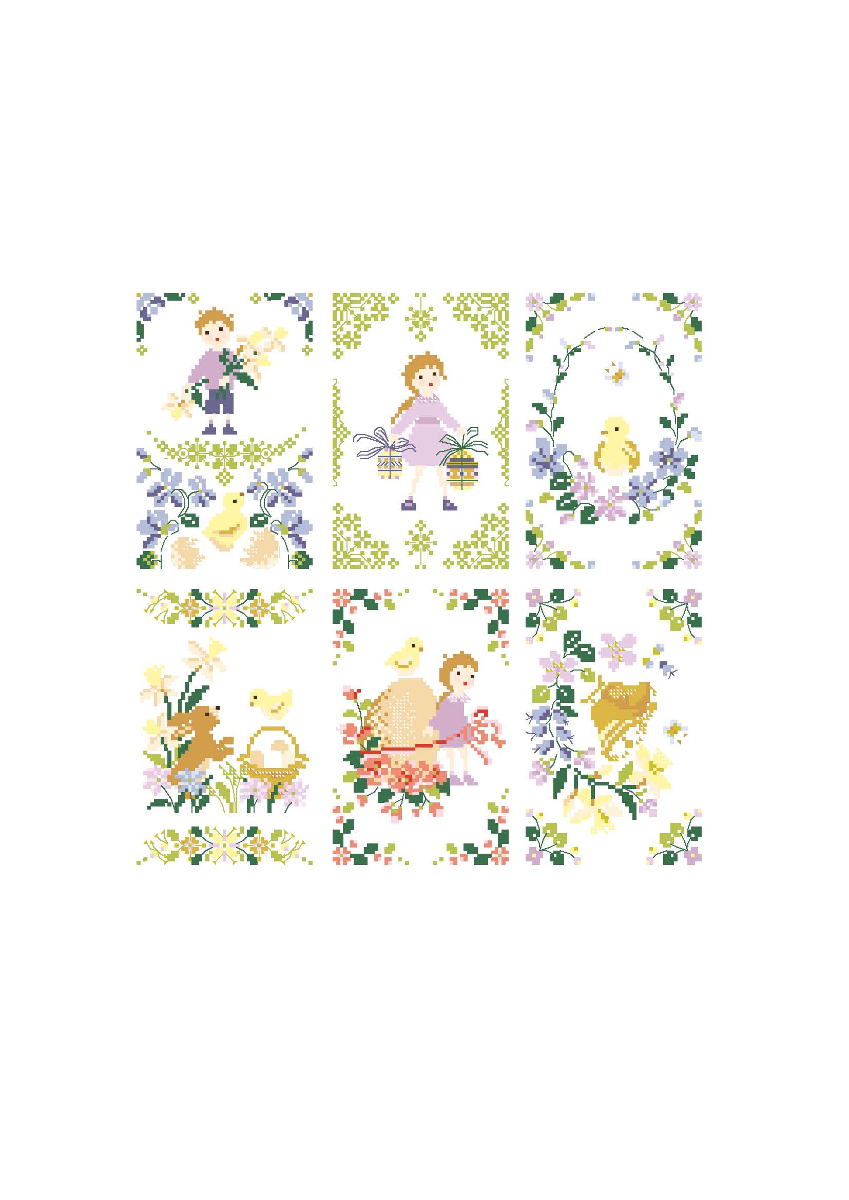 Grille point de croix "Petits motifs de Pâques" par Perrette Samouiloff. 51x80 pts, toile blanche ou claire. Lapins, poussins, fleurs.