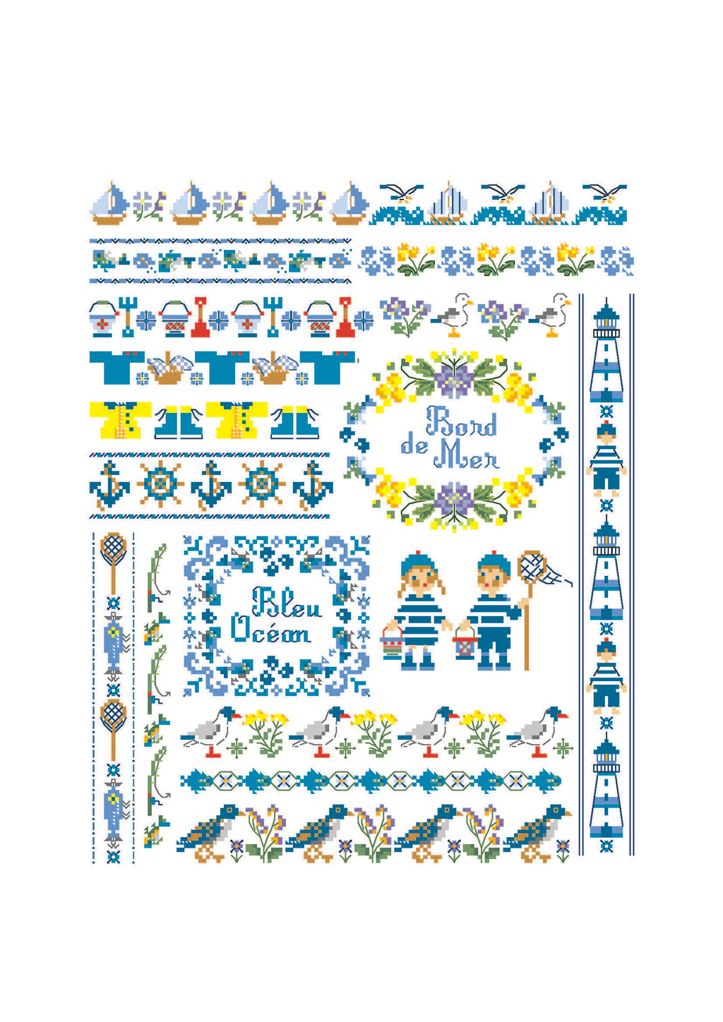 Planche de 3 abécédaires estivaux au point de croix : fleurs, cœurs, voiliers et petits animaux. Création de Perrette Samouiloff. 60 x 60 points chacun, point de croix 1 brin.