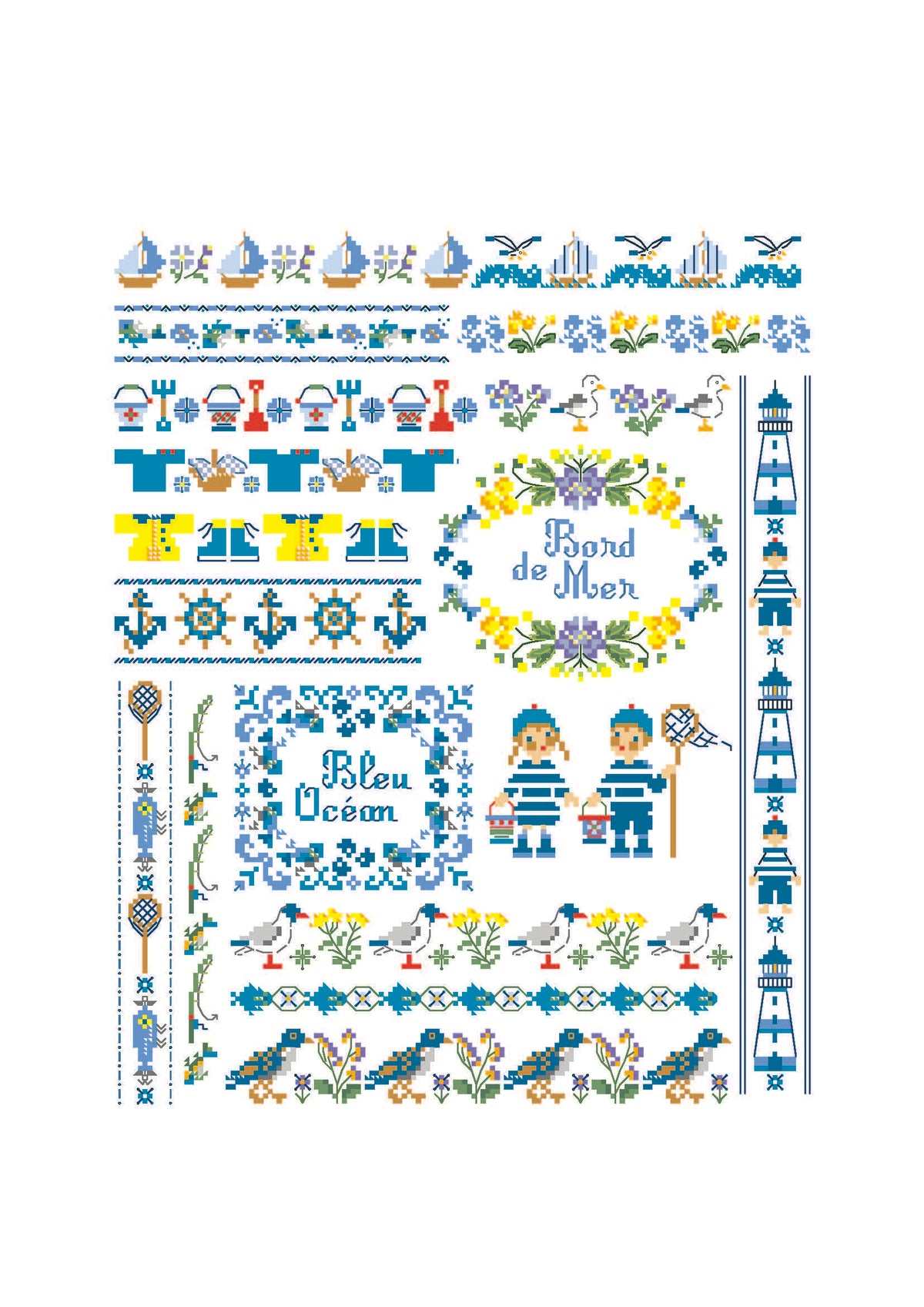 Planche de 3 abécédaires estivaux au point de croix : fleurs, cœurs, voiliers et petits animaux. Création de Perrette Samouiloff. 60 x 60 points chacun, point de croix 1 brin.