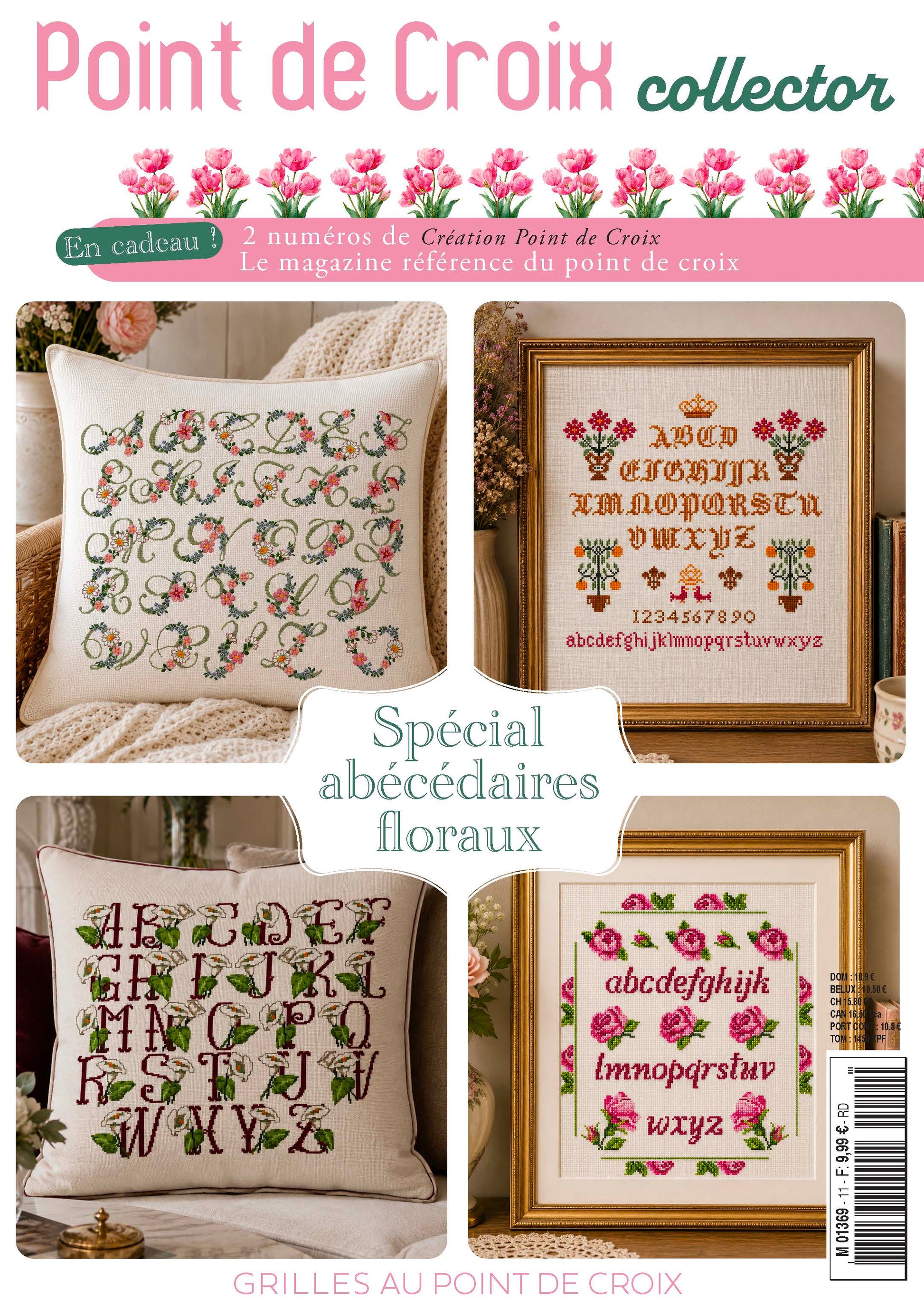 Point de Croix Collector N°11 : 4 grilles exclusives sur les marquoirs et alphabets floraux. Livret broderie point de croix. 