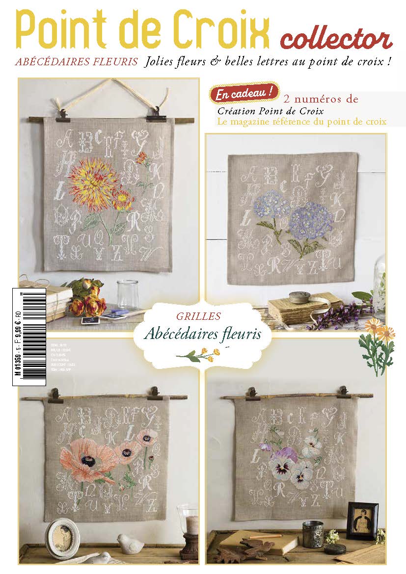 Collector point de croix : 4 modèles floraux — dahlias, hortensias, pavots et pensées. Grilles à broder plein d'été et de couleurs.