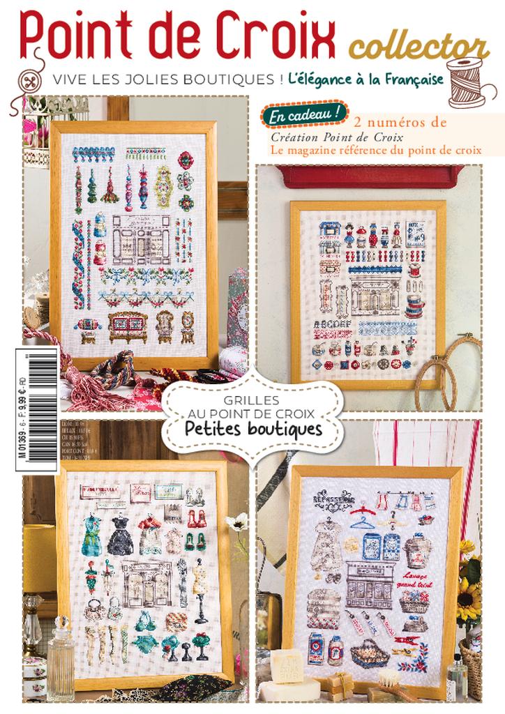 Collector point de croix : 4 tableaux à broder inspirés des boutiques d'antan — blanchisserie, mercerie, grand magasin, tapissier décorateur.