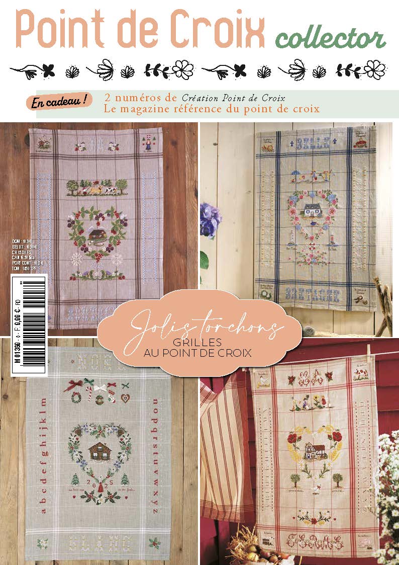 Collector 16 pages dédié aux torchons brodés : motifs de saisons, régions et Noël. Grilles au point de croix sur lin et métis.