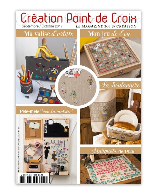 Magazine de broderie N°66 : grilles de point de croix sur le thème de la rentrée et de l’automne – rangement, accessoires scolaires et décoration. Sept/Oct 2017.