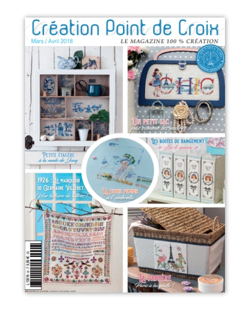 Magazine de broderie N°69 : grilles de point de croix sur le thème du printemps et du rangement – boîtes, panières et accessoires brodés. Mars/Avril 2018.