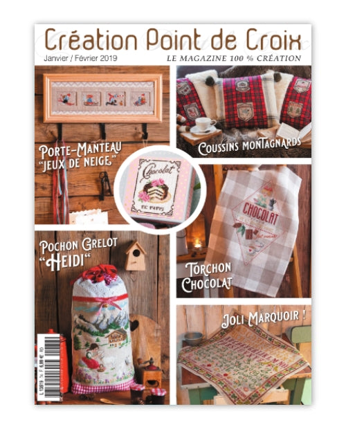 Magazine de broderie N°74 : grilles de point de croix sur le thème de l’hiver – nature enneigée, intérieurs cocon, torchons et motifs floraux. Jan/Fév 2019.
