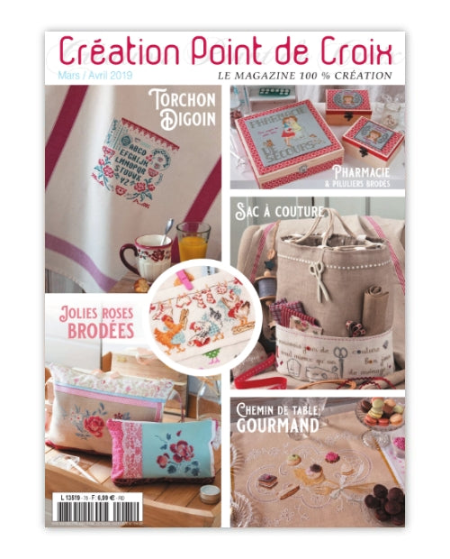 Magazine de broderie N°75 : grilles de point de croix sur le thème de Pâques et du printemps – sacs, tablier, chemin de table et motifs de saison. Mars/Avril 2019.