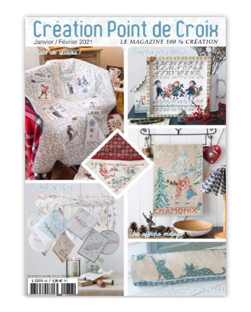 Magazine de broderie N°86 : grilles de point de croix sur le thème de l’hiver – abécédaire, moufles, skieurs années 30 et plaid patchwork. Jan/Fév 2021.