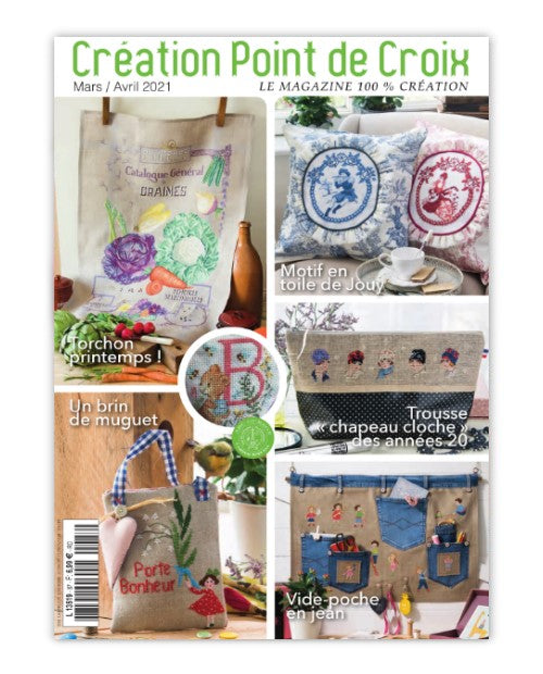 Magazine de broderie N°87 : grilles de point de croix colorées sur le thème du printemps – torchons, broches, chapeaux et motifs de parc. Mars/Avril 2021.