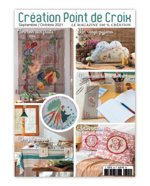 Magazine de broderie N°90 avec des grilles de point de croix sur le thème de la rentrée, l’automne et les accessoires scolaires. Sept/Oct 2021.