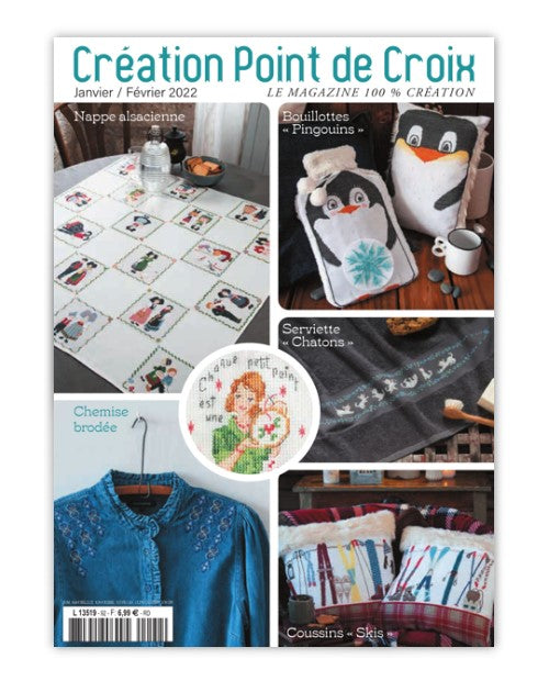 Magazine de broderie N°92 avec des grilles de point de croix : cartes de vœux, motifs alsaciens, torchons d'hiver et coussins montagne. Jan/Fév 2022.
