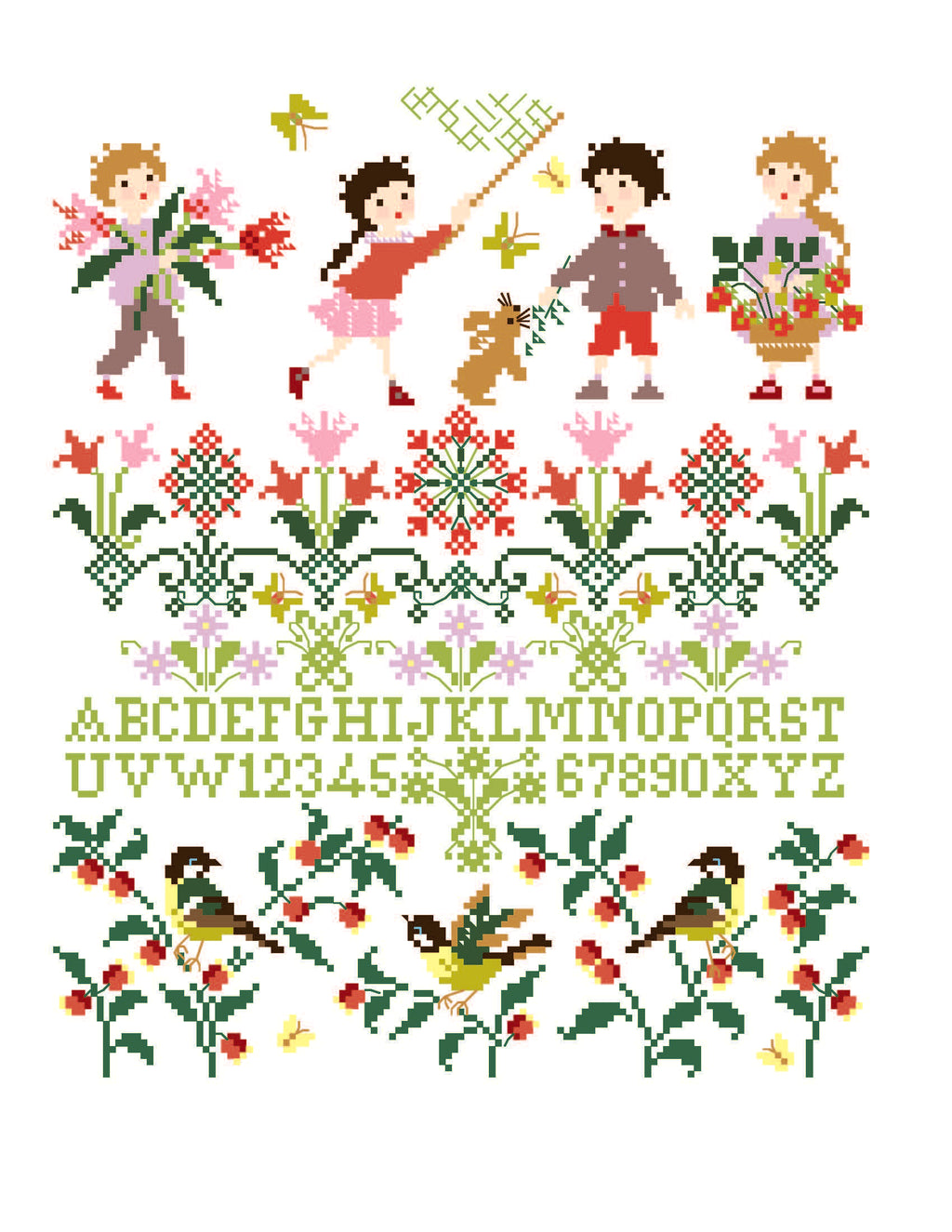 Grille point de croix Printemps en Fête de Perrette Samouiloff. Sampler 131x159 points, enfants, tulipes, papillons et oiseaux. À broder sur toile claire