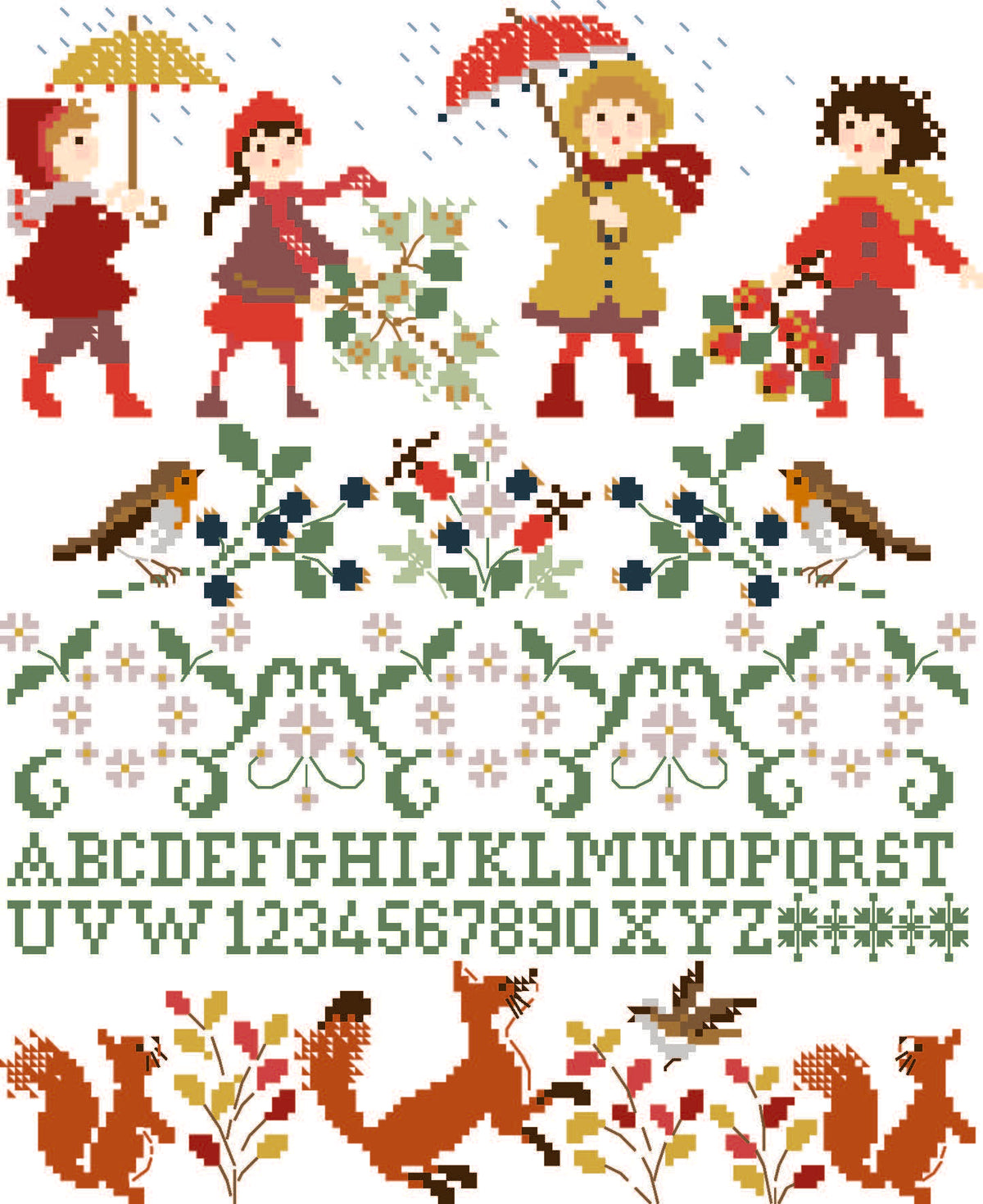 Grille point de croix automnale : renards, enfants, alphabet et frises florales. Sampler de Perrette Samoüïloff, 130x159 pts, sur toile claire.