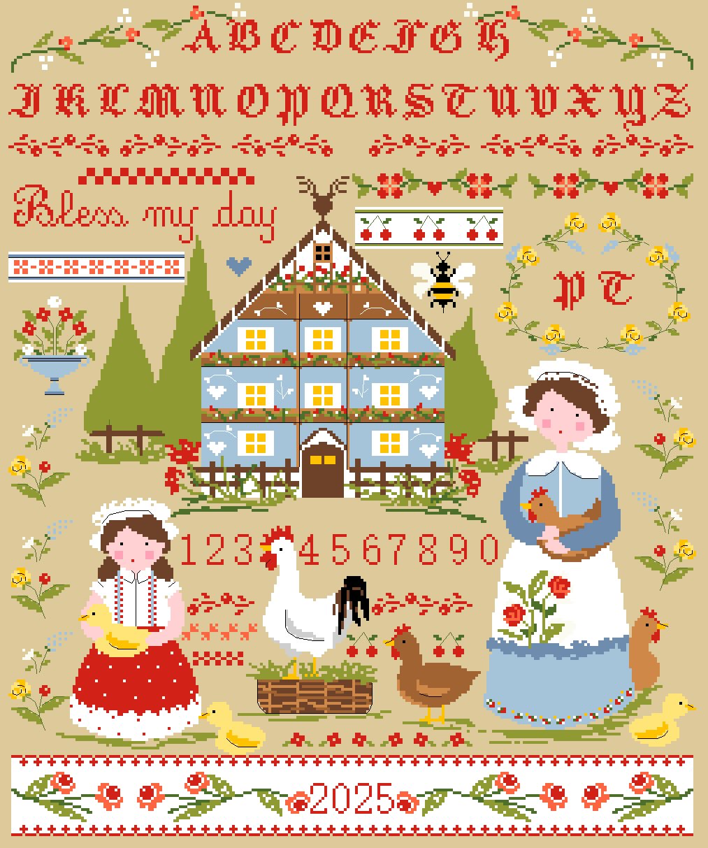 Grille point de croix Sampler 2025 Bless My Day de Lili Violette. 245x298 points, sur toile de lin naturel. Sampler annuel gratitude et bénédiction.