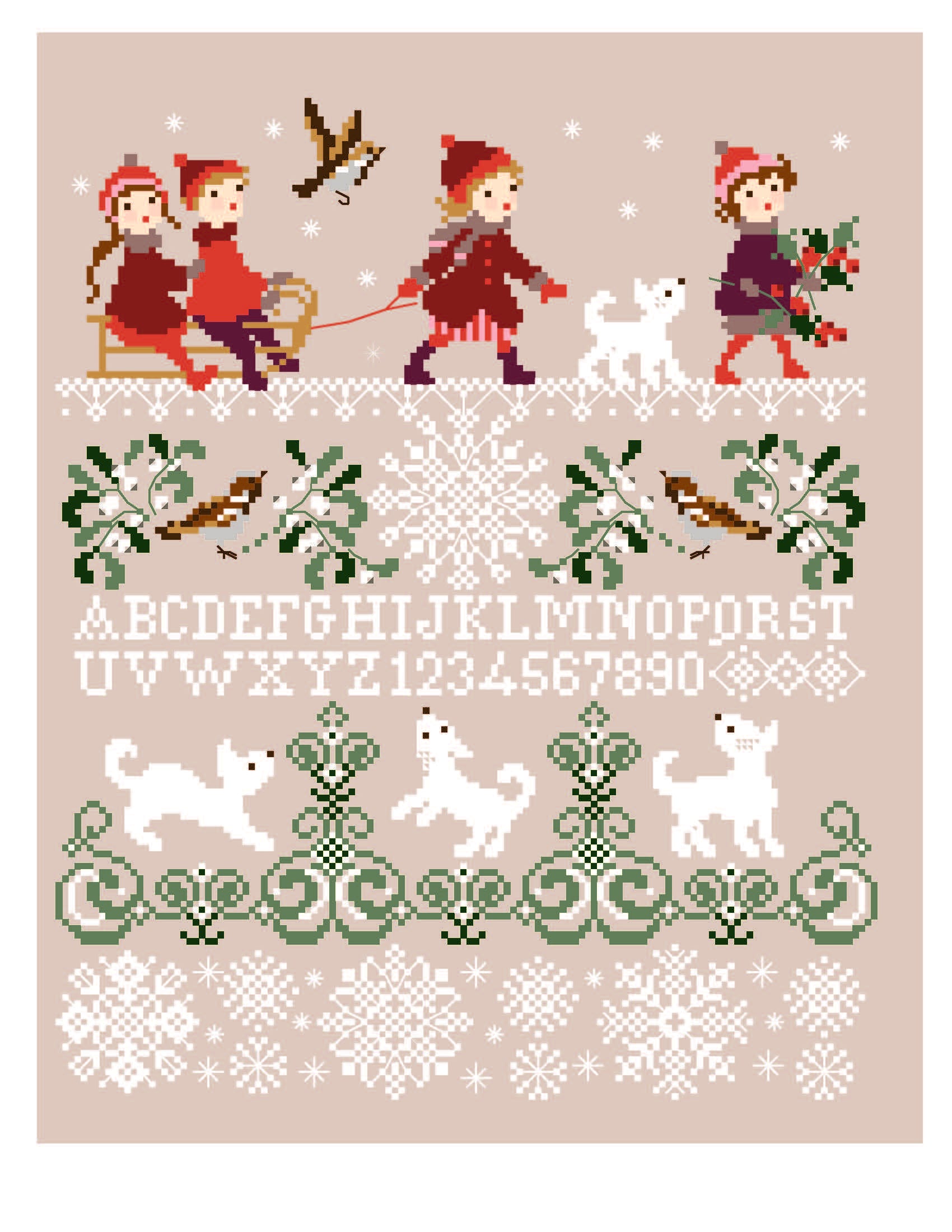 Grille point de croix sampler hiver : abécédaire, flocons, animaux. 132x161 pts. Broderie hivernale poétique signée Perrette Samouïloff.