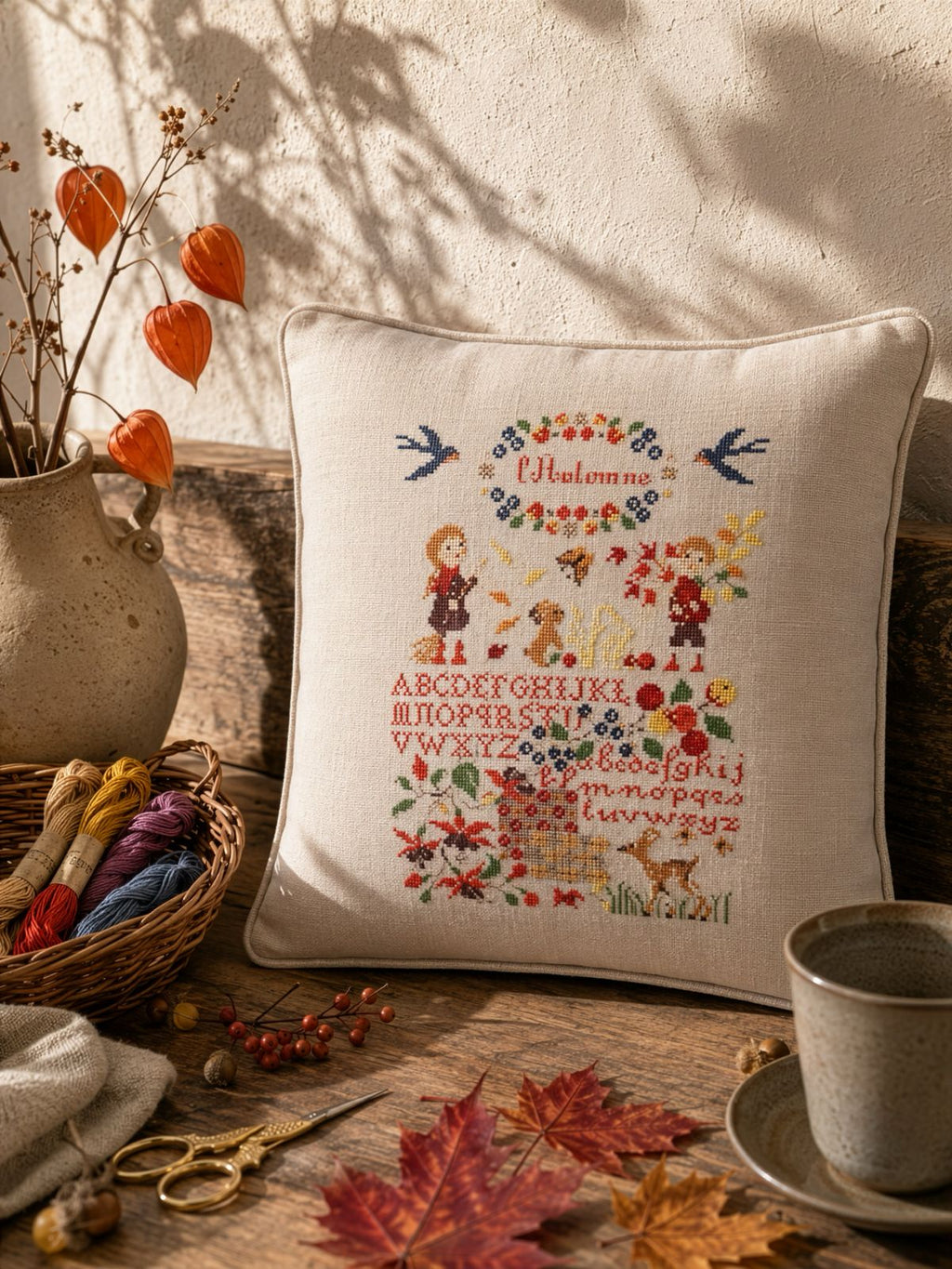 Grille point de croix « Sampler d'automne » : alphabet, feuillages, baies et petit faon dans un sampler aux accents d'antan. À retrouver dans CPC n°120.