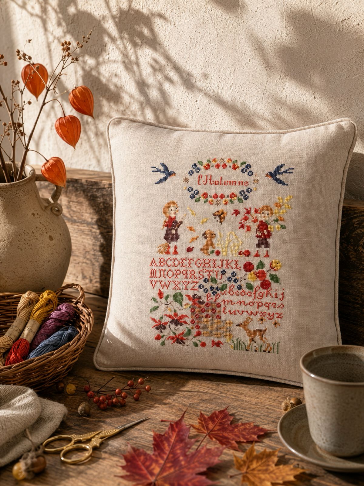 Grille point de croix « Sampler d'automne » : alphabet, feuillages, baies et petit faon dans un sampler aux accents d'antan. À retrouver dans CPC n°120.