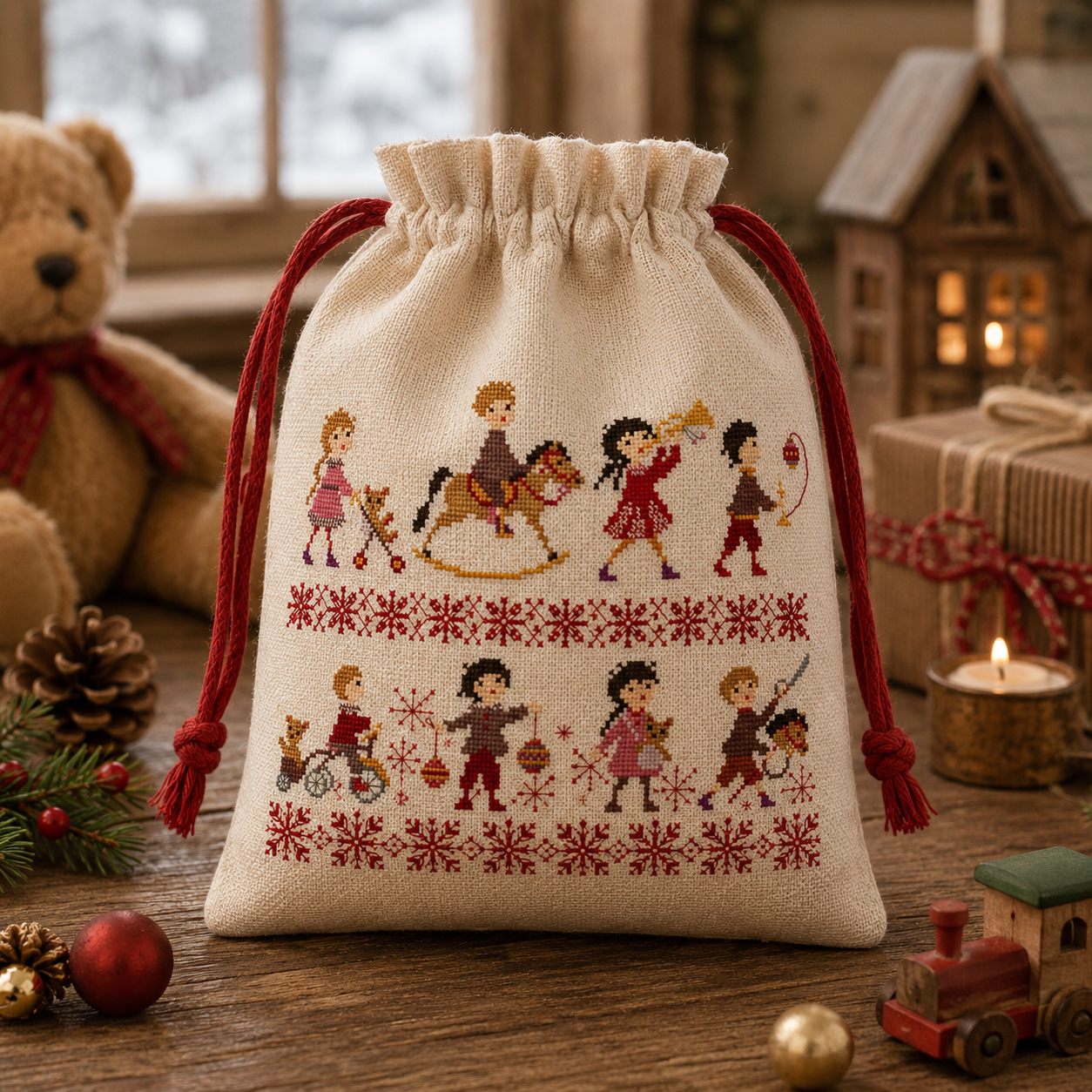 Grille point de croix de Perrette Samouïloff : sampler enfants et jouets de Noël, 140x170 pts. Broderie festive et nostalgique, idéale pour décoration ou cadeau.