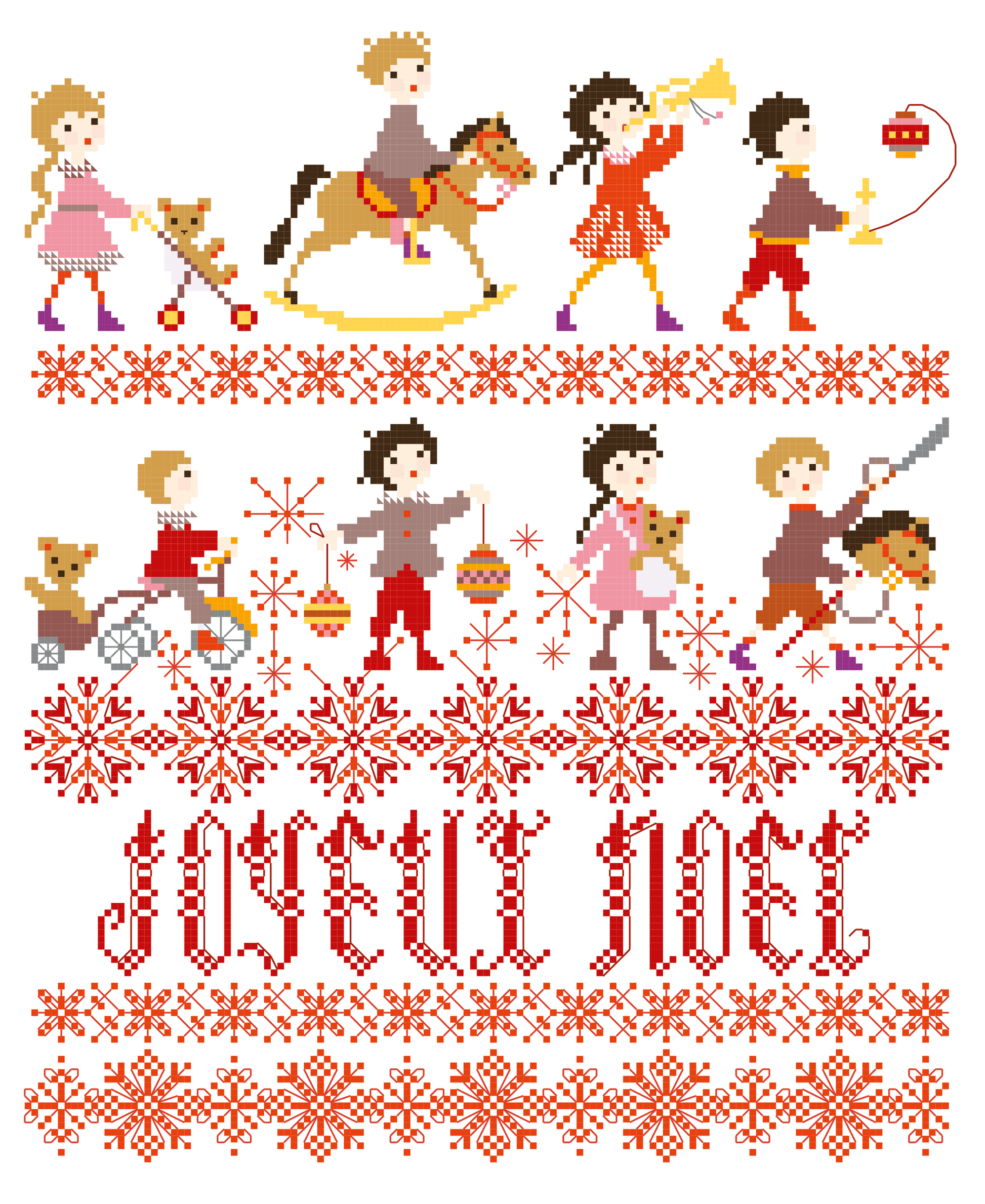 Grille point de croix de Perrette Samouïloff : sampler enfants et jouets de Noël, 140x170 pts. Broderie festive et nostalgique, idéale pour décoration ou cadeau.