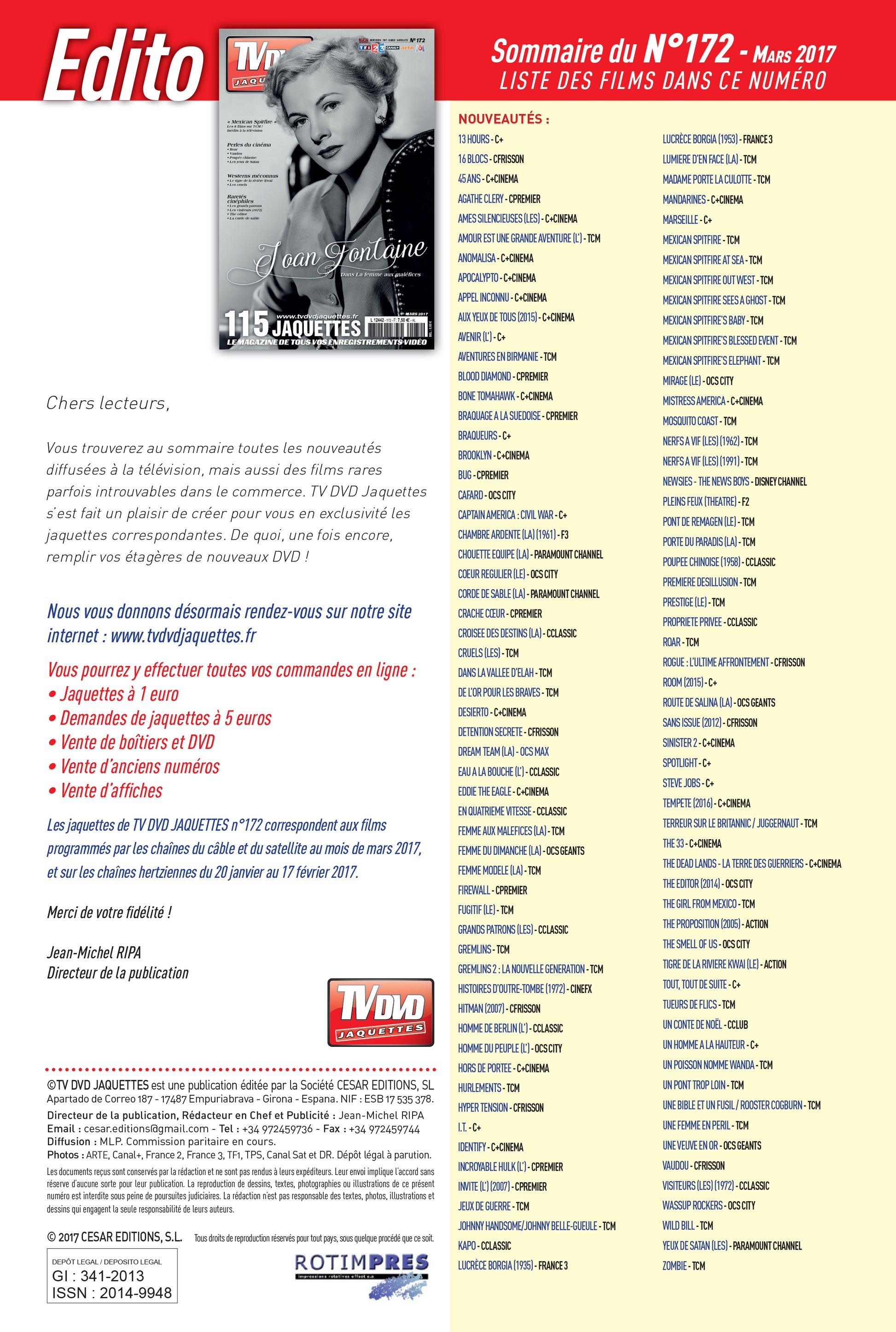 Découvrez TV DVD Jaquette N°172 : sélection exclusive de jaquettes pour films, classiques et raretés. Personnalisez votre vidéothèque avec style.