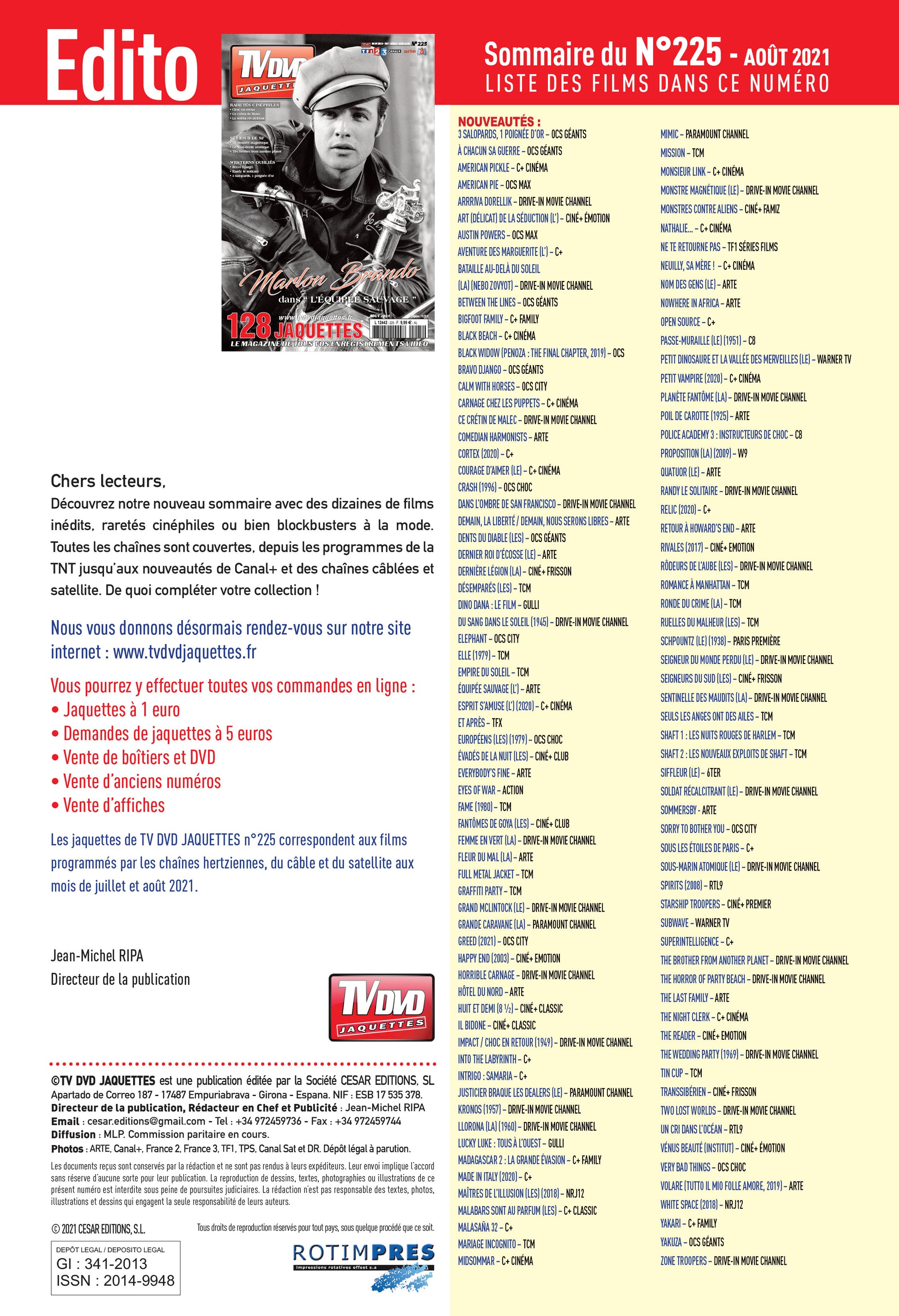 Découvrez TV DVD Jaquette N°225 : sélection exclusive de jaquettes pour films récents, classiques et raretés. Personnalisez votre vidéothèque avec style.