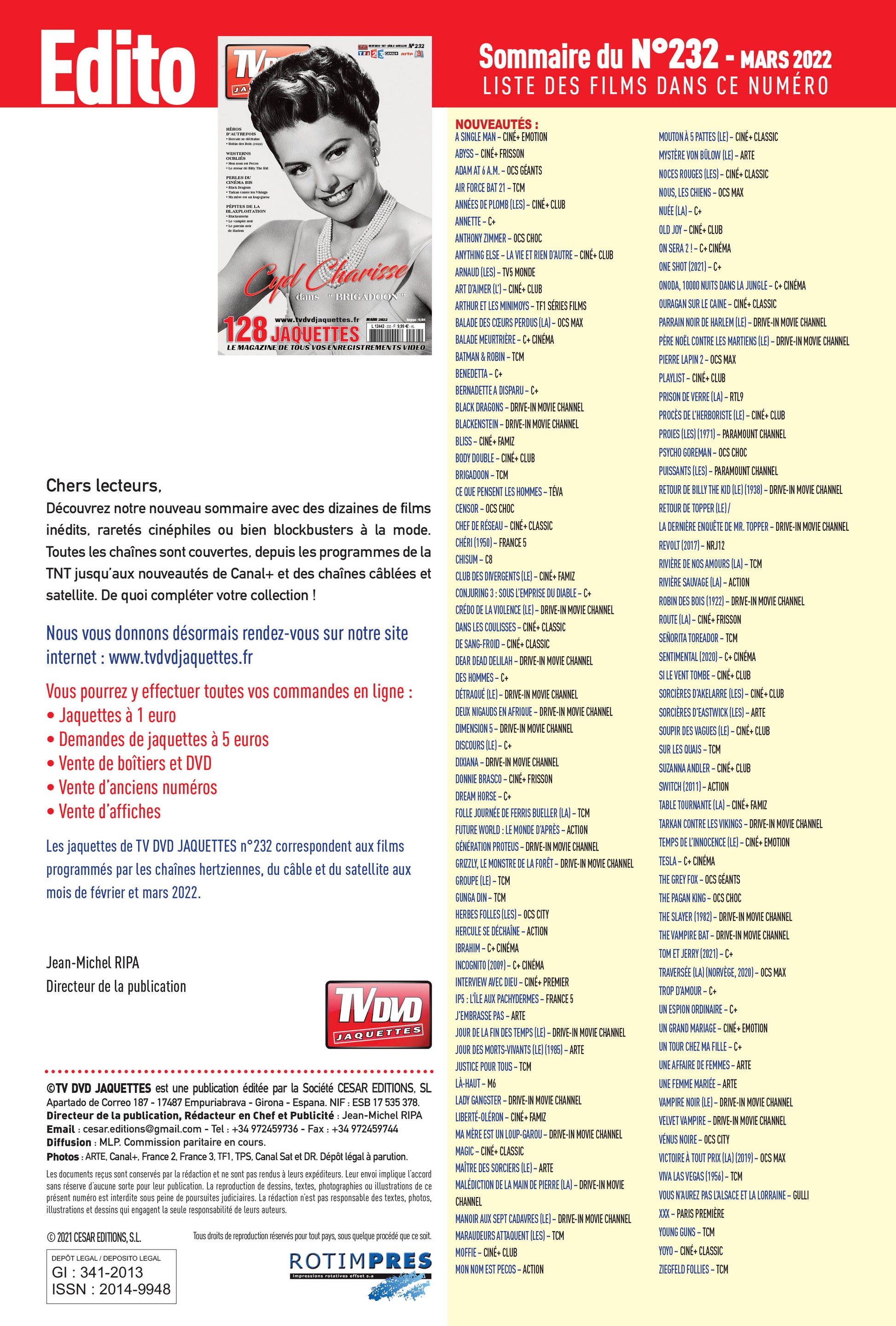 Découvrez TV DVD Jaquette N°232 : sélection exclusive de jaquettes pour films récents, classiques et raretés. Personnalisez votre vidéothèque avec style.