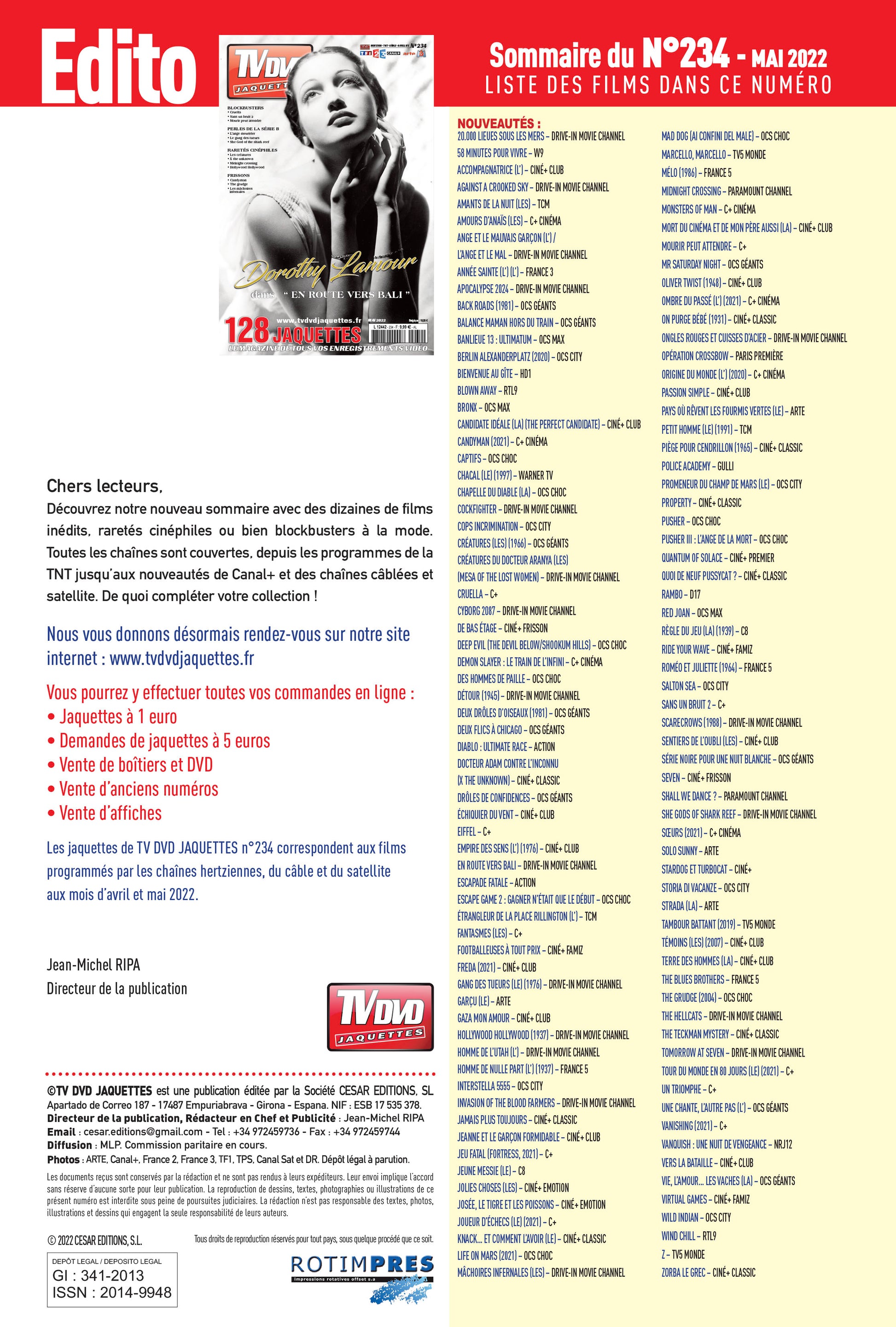 Découvrez TV DVD Jaquette N°234 : sélection exclusive de jaquettes pour films récents, classiques et raretés. Personnalisez votre vidéothèque avec style.