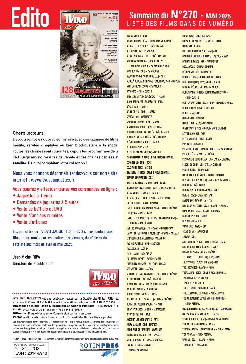 TV DVD Jaquettes n°270 : jaquettes exclusives pour cinéphiles et collectionneurs. Films récents, classiques et rarités à imprimer.