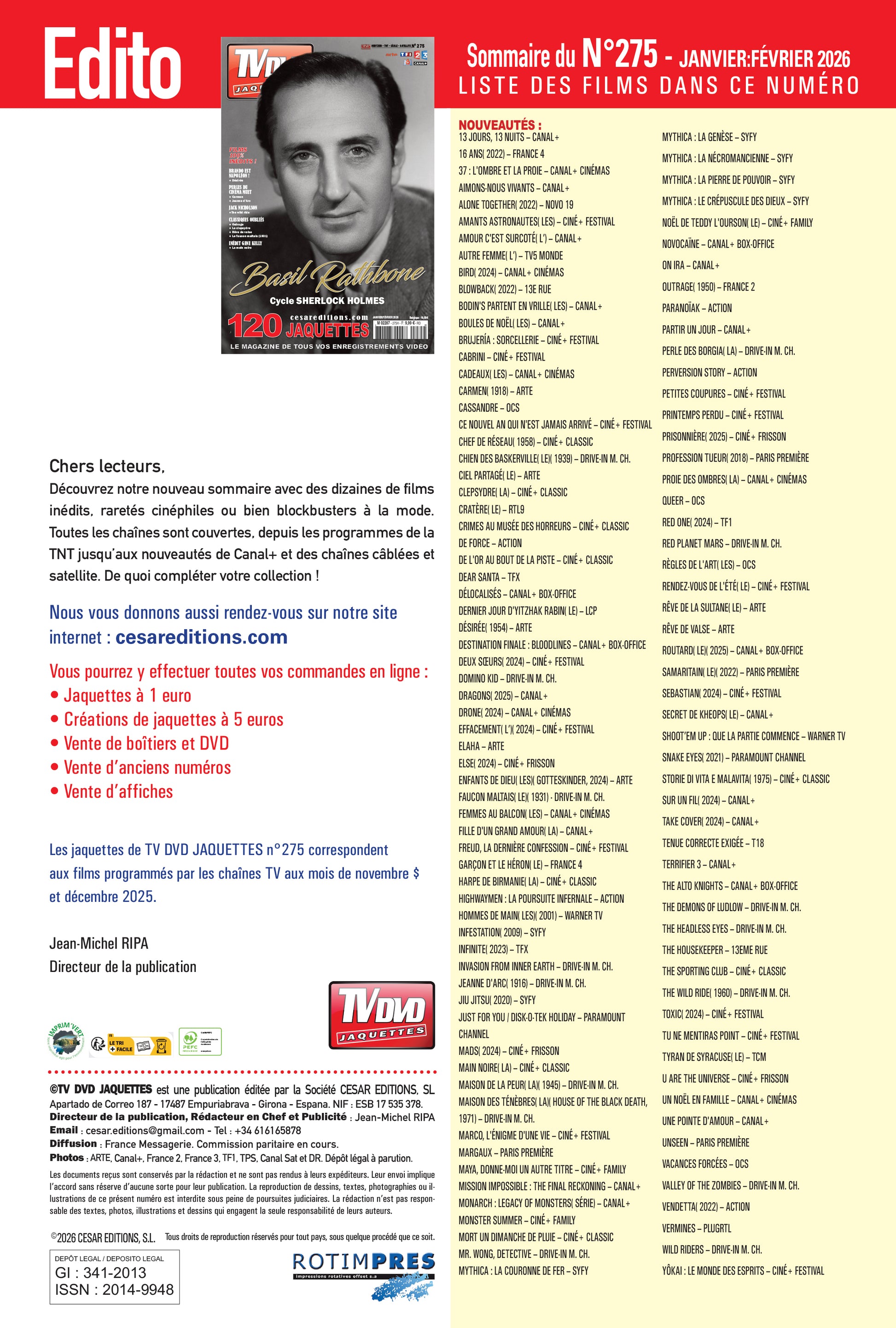 TV DVD Jaquettes n°275 : jaquettes exclusives pour cinéphiles et collectionneurs. Films récents, classiques et rarités à imprimer.
