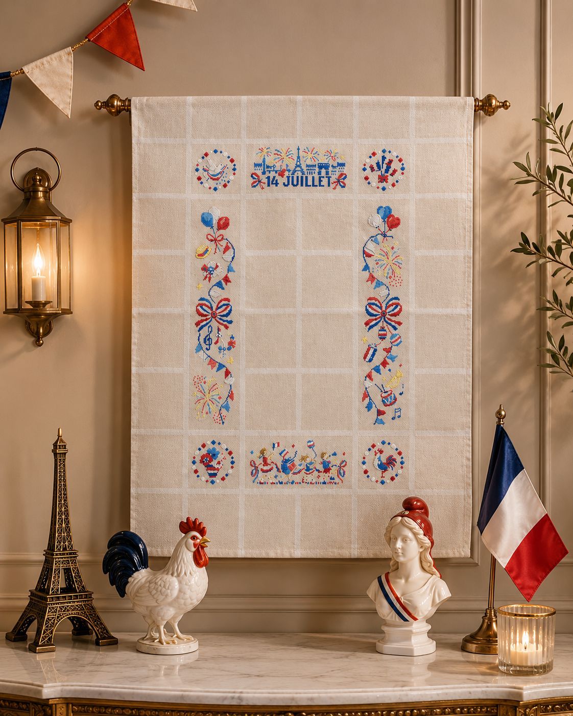 Torchon France en coton Aïda 5,5 pts, 70×50 cm, fabrication française. Grille de broderie issue du Création Point de Croix n°119 (non incluse).
