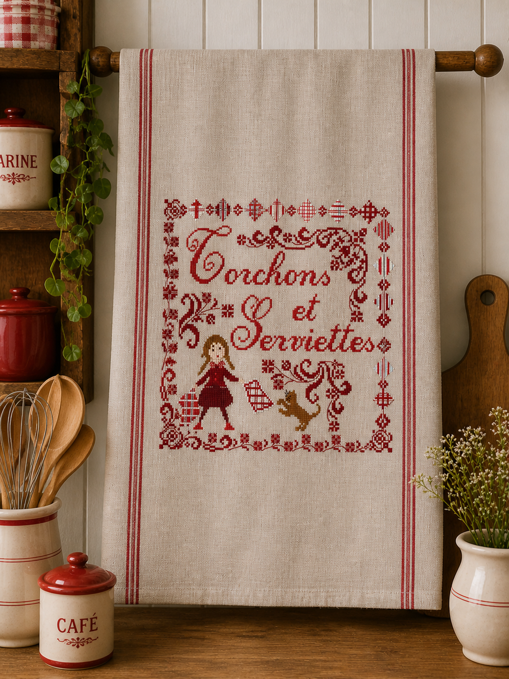 Grille point de croix de Perrette Samouïloff : torchons et serviettes rétro, 131x159 pts. Broderie maison chaleureuse et humoristique sur toile claire.