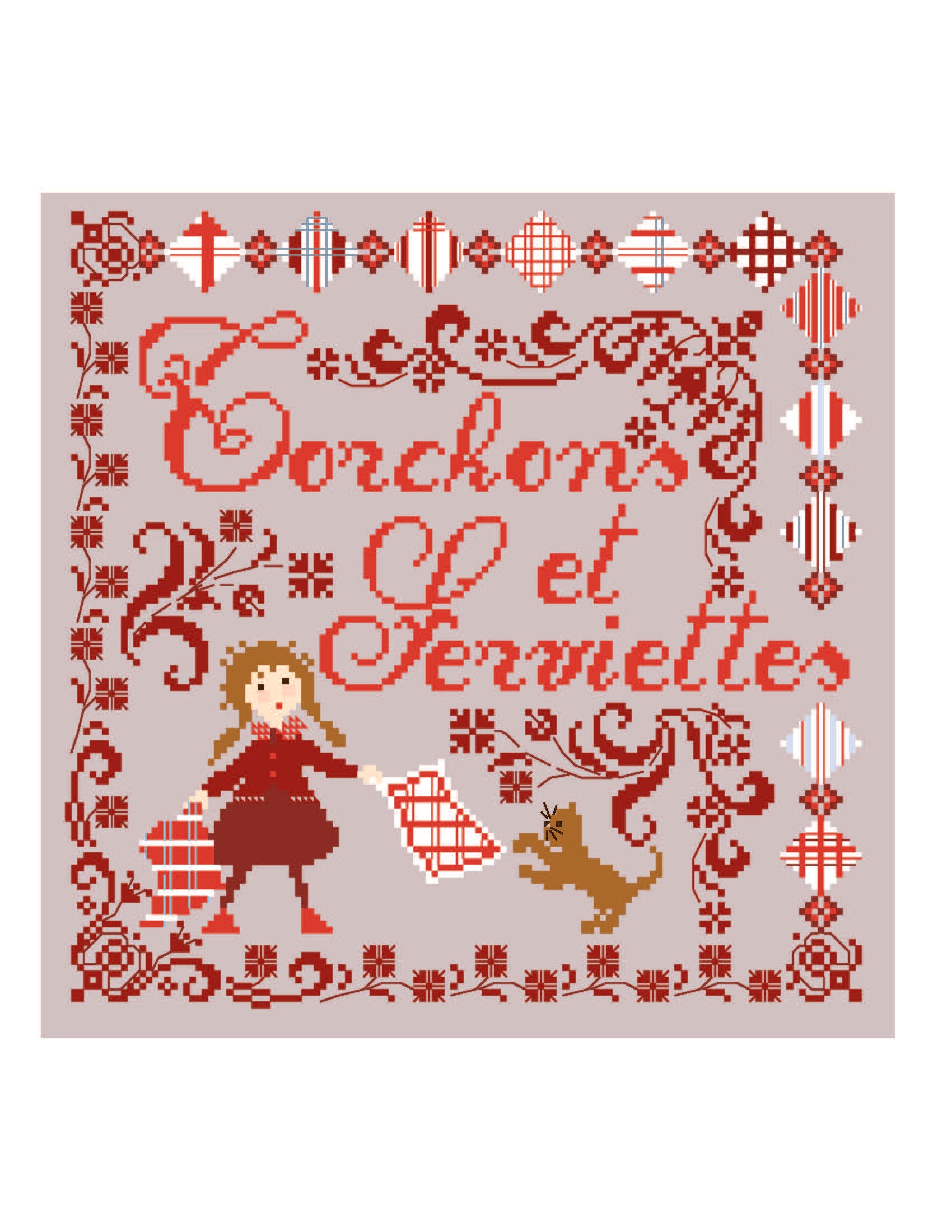 Grille point de croix de Perrette Samouïloff : torchons et serviettes rétro, 131x159 pts. Broderie maison chaleureuse et humoristique sur toile claire.