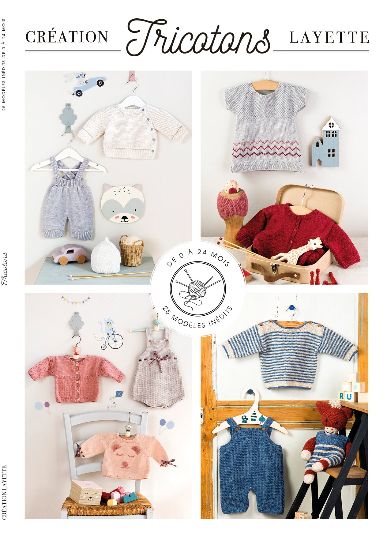 9 modèles layette tricot pour bébé : brassières, combinaisons, gilets jacquard, robes et doudou. Points fantaisie et pas-à-pas clairs. César Editions.