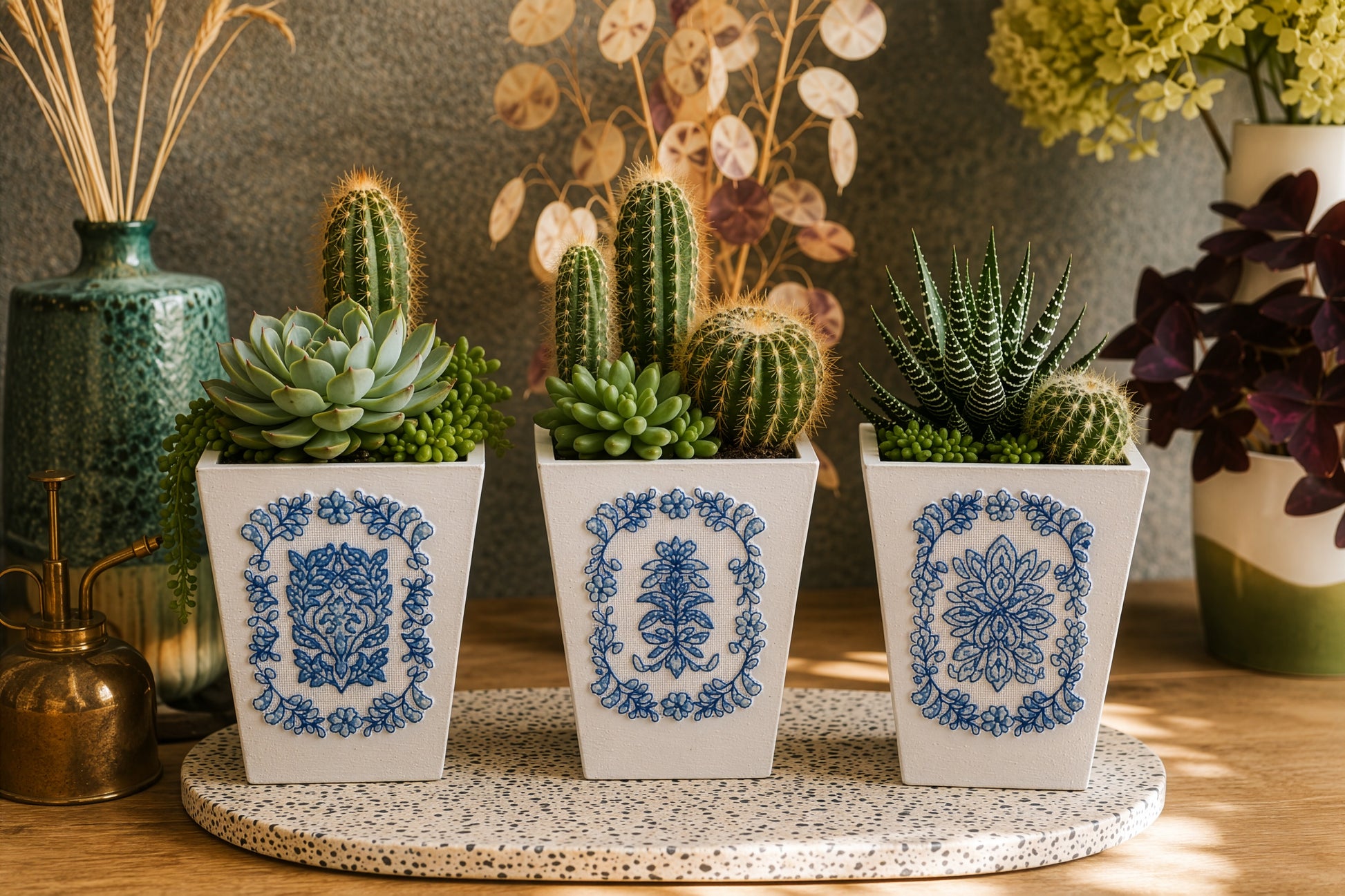 Grille point de croix « Trio de cache-pots » : motifs inspirés des faïences de Delft pour décorer cactus et succulentes. À retrouver dans CPC n°120.