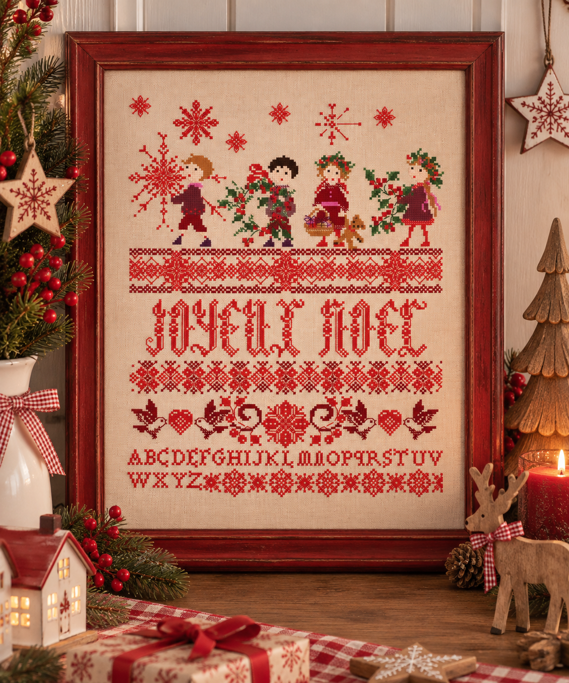 Grille point de croix Noël de Perrette Samouïloff : grand sampler avec enfants, houx et flocons. 150×191 pts. Point de croix 2 brins, tons rouge et vert.