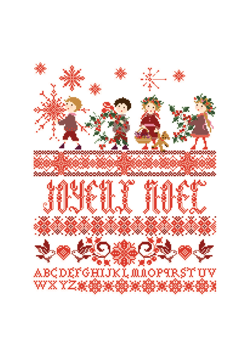 Grille point de croix Noël de Perrette Samouïloff : grand sampler avec enfants, houx et flocons. 150×191 pts. Point de croix 2 brins, tons rouge et vert.