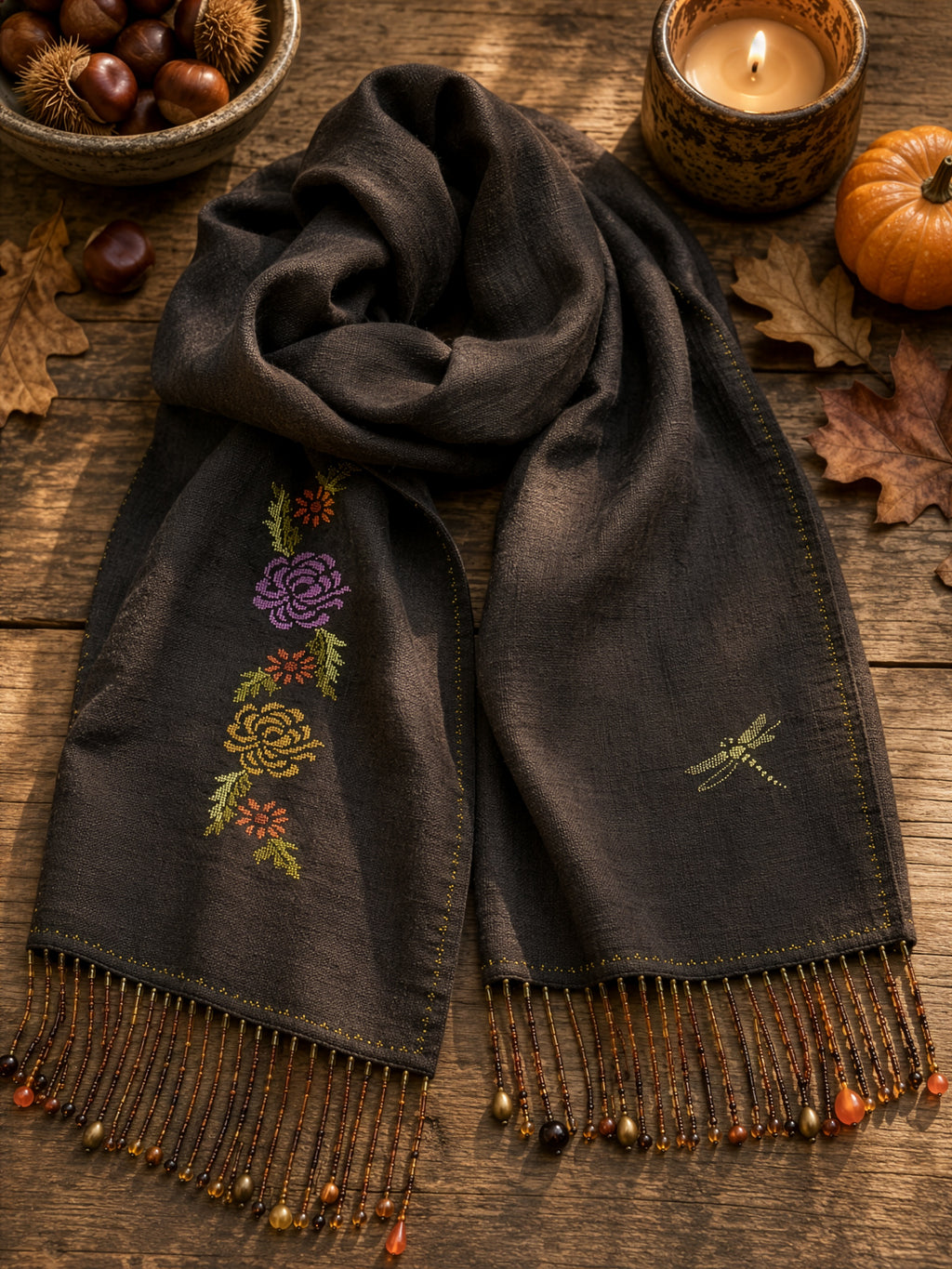 Grille point de croix « Étole d'automne » : motif fleuri, libellule et petit cadre aux couleurs d'octobre. À retrouver dans CPC n°120.
